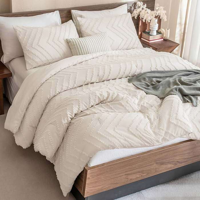 Andency Queen Comforter Set Beige, Comforters Queen Size Boho Cream Soft Warm Tufted Neutral Bedding Comforter Sets for Queen Bed, 3 Pieces Aesthetic Chevron Farmhouse Cute Bohemian Textured Bed Set - Image 1