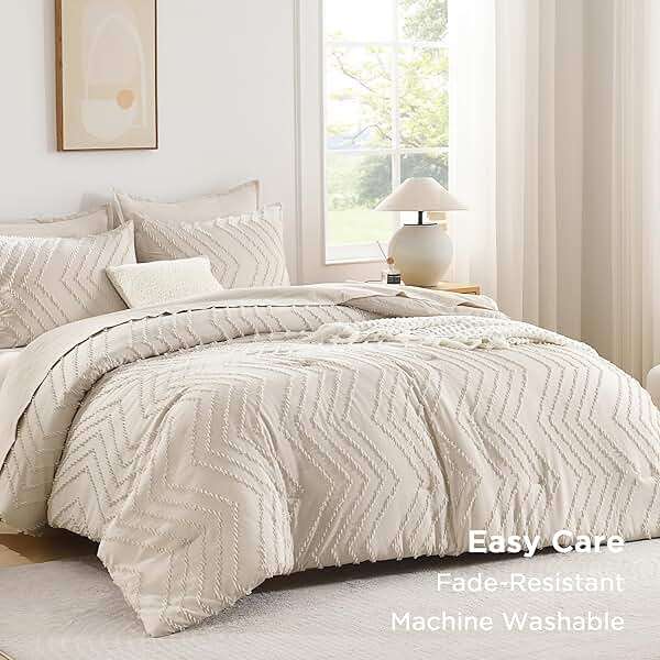 Andency Queen Comforter Set Beige, Comforters Queen Size Boho Cream Soft Warm Tufted Neutral Bedding Comforter Sets for Queen Bed, 3 Pieces Aesthetic Chevron Farmhouse Cute Bohemian Textured Bed Set - Image 3