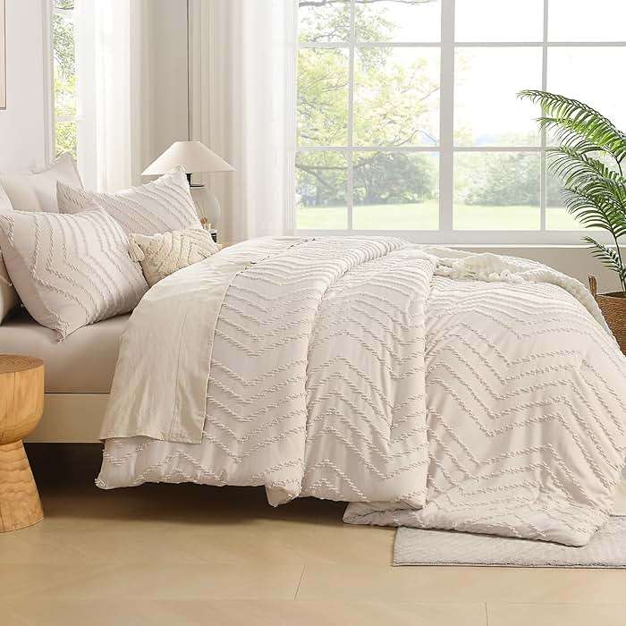 Andency Queen Comforter Set Beige, Comforters Queen Size Boho Cream Soft Warm Tufted Neutral Bedding Comforter Sets for Queen Bed, 3 Pieces Aesthetic Chevron Farmhouse Cute Bohemian Textured Bed Set - Image 6