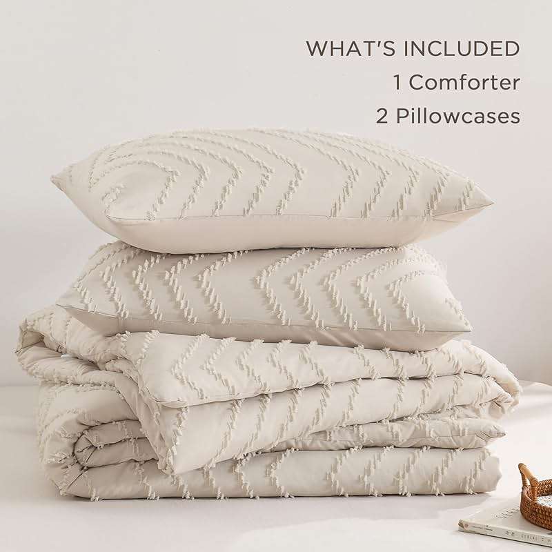 Andency Queen Comforter Set Beige, Comforters Queen Size Boho Cream Soft Warm Tufted Neutral Bedding Comforter Sets for Queen Bed, 3 Pieces Aesthetic Chevron Farmhouse Cute Bohemian Textured Bed Set - Image 7