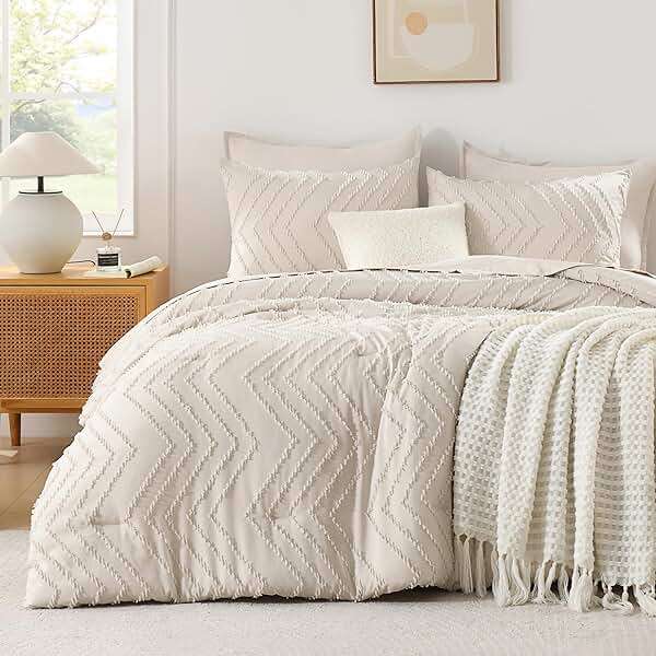 Andency King Size Comforter Set Beige, Boho Cream Soft Warm Tufted Neutral Bedding Comforter Sets for King Size Bed, 3 Pieces Aesthetic Chevron Farmhouse Cute Bohemian Textured Bedding Set - Image 2