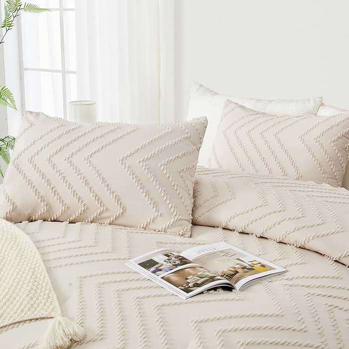 Andency King Size Comforter Set Beige, Boho Cream Soft Warm Tufted Neutral Bedding Comforter Sets for King Size Bed, 3 Pieces Aesthetic Chevron Farmhouse Cute Bohemian Textured Bedding Set - Image 4