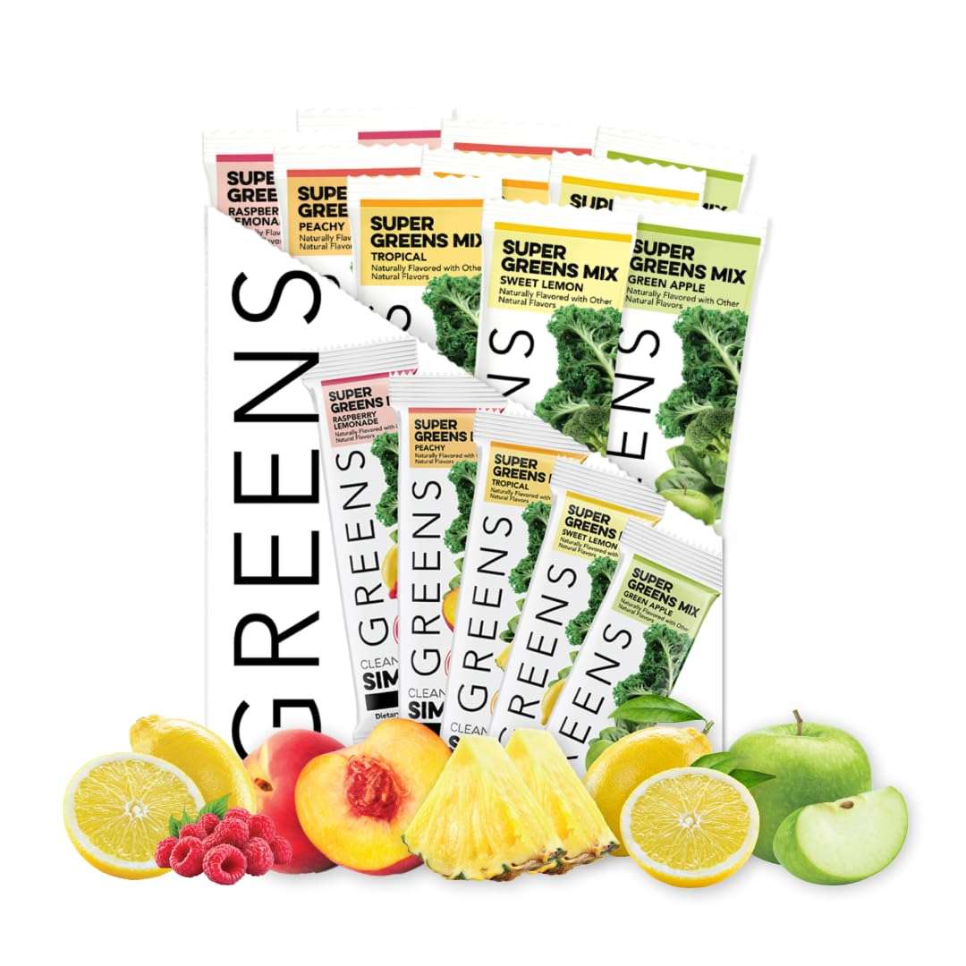Clean Simple Eats Greens Variety 10 Pack, Greens Powder Mix, Packed with Superfoods Chlorella & Spirulina, Includes 5 Delicious Flavors: Peachy, Green Apple, Raspberry Lemonade, Sweet Lemon & Tropical - Image 1