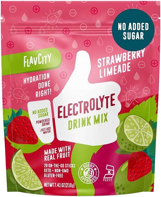 FlavCity Strawberry Limeade Electrolytes Powder Packets - 28 Hydration Packets - No Added Sugar - Hydration Powder with Real Fruit & Unrefined Sea Salt - Keto & Gluten-Free (28 Stick Packs) - Image 1