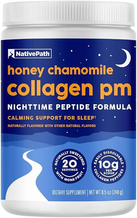 NativePath Collagen PM - Honey Chamomile Nighttime Collagen Peptides Powder with Magnesium, GABA, L-Theanine and Melatonin - 20 Servings - Image 1