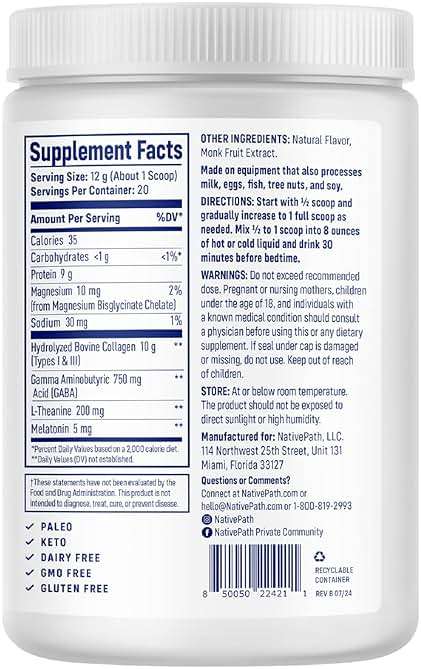 NativePath Collagen PM - Honey Chamomile Nighttime Collagen Peptides Powder with Magnesium, GABA, L-Theanine and Melatonin - 20 Servings - Image 3