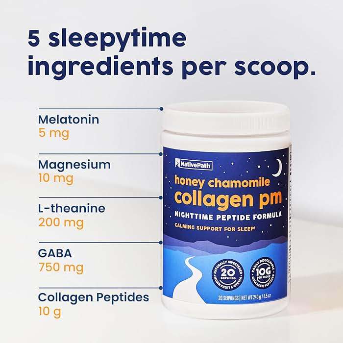 NativePath Collagen PM - Honey Chamomile Nighttime Collagen Peptides Powder with Magnesium, GABA, L-Theanine and Melatonin - 20 Servings - Image 4