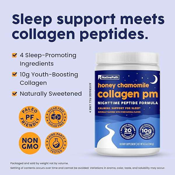 NativePath Collagen PM - Honey Chamomile Nighttime Collagen Peptides Powder with Magnesium, GABA, L-Theanine and Melatonin - 20 Servings - Image 5