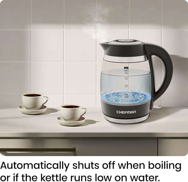 Chefman Electric Kettle, 1.8L 1500W, Hot Water Boiler, Removable Lid for Easy Cleaning, Auto Shut Off, Boil-Dry Protection, Stainless Steel Filter, BPA Free, Borosilicate Glass Electric Tea Kettle - Image 8