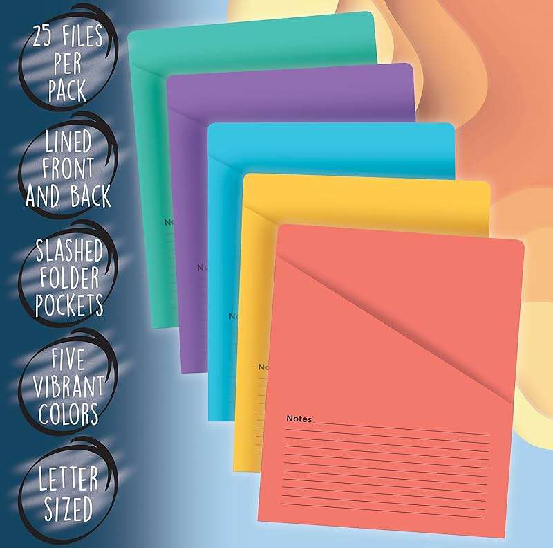 Better Office Products Lined Vertical Slash Pocket File Folders, 25 Pack, 5 Assorted Colors, Letter Size Slash File Jacket with Notes on Front & Back, Half Pocket File Folders - Image 3