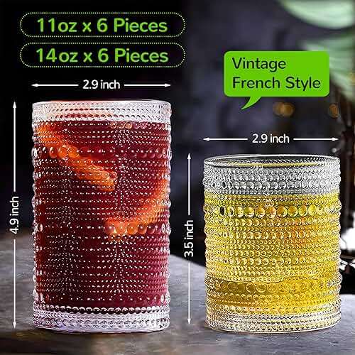 Lvtrupc Vintage Hobnail Drinking Glasses Set of 12-14 oz Old Fashioned Water Glass Cups & 11 oz Cocktail Glasses, Aesthetic Kitchen Bar Tumbler Glassware Gifts Sets for Smoothie, Juice, Coffee, Wine - Image 3