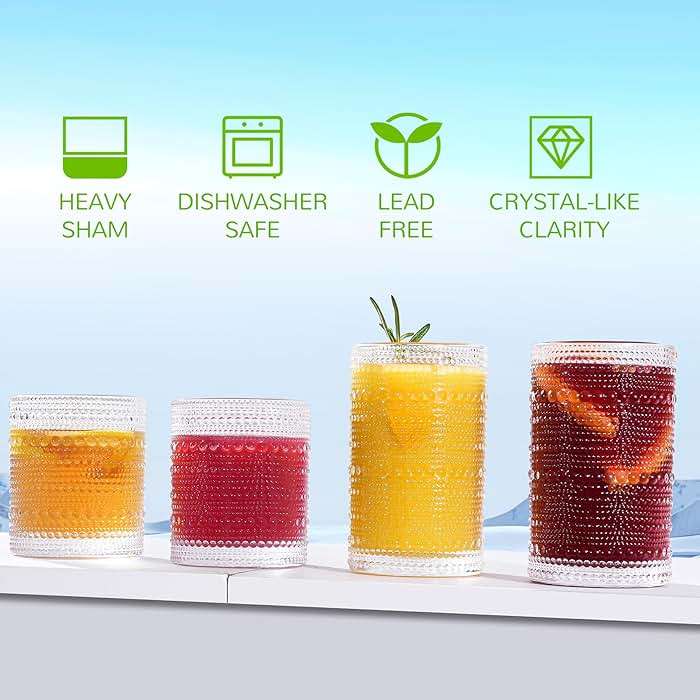 Lvtrupc Vintage Hobnail Drinking Glasses Set of 12-14 oz Old Fashioned Water Glass Cups & 11 oz Cocktail Glasses, Aesthetic Kitchen Bar Tumbler Glassware Gifts Sets for Smoothie, Juice, Coffee, Wine - Image 4