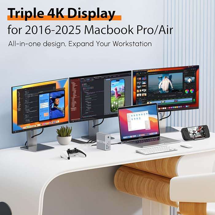 TobenONE DisplayLink Docking Station 3 Monitors with 120W Power Adapter, Triple 4K Display for MacBook Pro/Air, Thunderbolt 4/3, USB-C Windows(3X HDMI, 3X DP, 2xUSB-C, 4xUSB 3.2, SD/TF) - Image 3