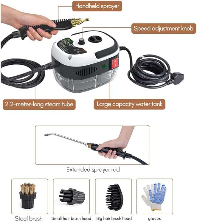 Decdeal Steam Cleaner - High Temperature Pressurized Handheld Steam Cleaning Machine with Brush Heads and Gloves, for Car Floors Kitchen Furniture Bathroom Windows - Image 7