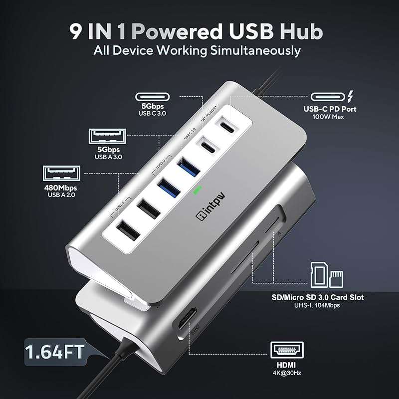 intpw USB C Hub, P9 USB C Hub Multiport Adapter with 4K@60Hz HDMI, PD 100W, Type-C & 2 USB A 3.0 5Gbps, 2 USB A 2.0, SD/TF Card Reader, Aluminum USB Hub for Laptop, iPhone 17 Series, MacBook, iPad - Image 2