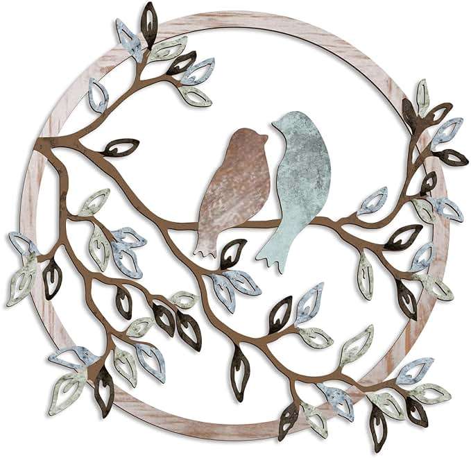 Ferraycle Metal Wall Art Bird on Tree Branch Silhouette Bird Hanging Ornament Porch Wall Decor for Living Room Outdoor Garden Bedroom Office Housewarming Party Decoration(Fresh Color) - Image 1