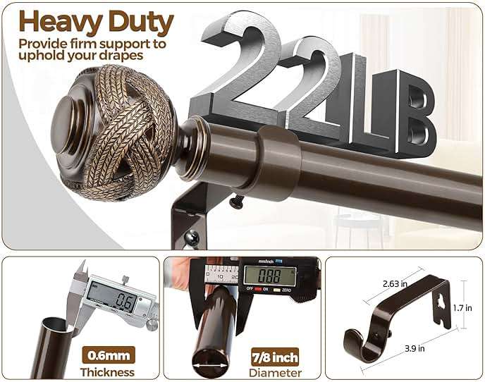 Bronze Curtain Rod 32 to 58 Inches (2.6 to 4.8 ft), USFOOK 7/8 Inch Telescoping Splicing Curtain Rods for Windows 20 to 54 Inch, Drapery Rods with Leaf Finials - Image 4