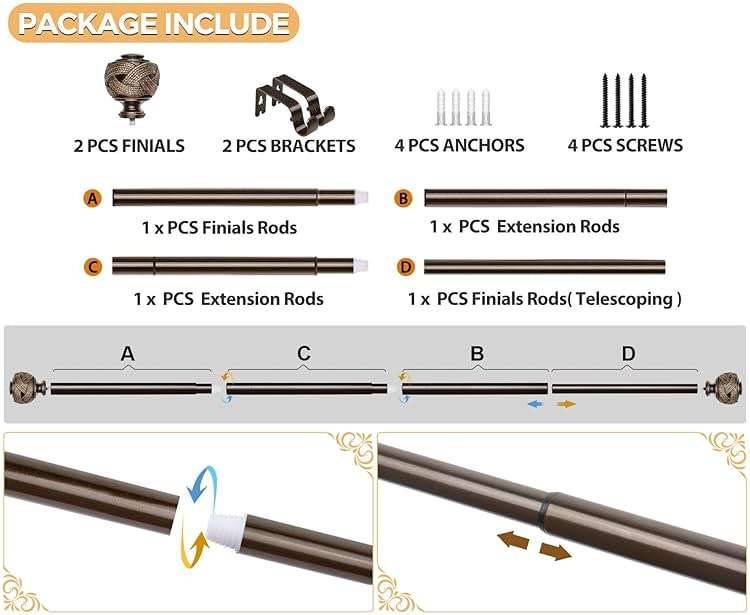 Bronze Curtain Rod 32 to 58 Inches (2.6 to 4.8 ft), USFOOK 7/8 Inch Telescoping Splicing Curtain Rods for Windows 20 to 54 Inch, Drapery Rods with Leaf Finials - Image 7