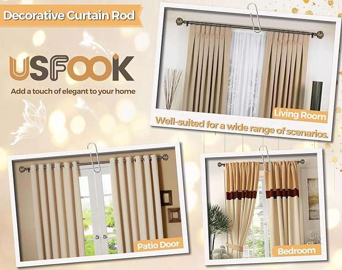 Bronze Curtain Rod 32 to 58 Inches (2.6 to 4.8 ft), USFOOK 7/8 Inch Telescoping Splicing Curtain Rods for Windows 20 to 54 Inch, Drapery Rods with Leaf Finials - Image 8