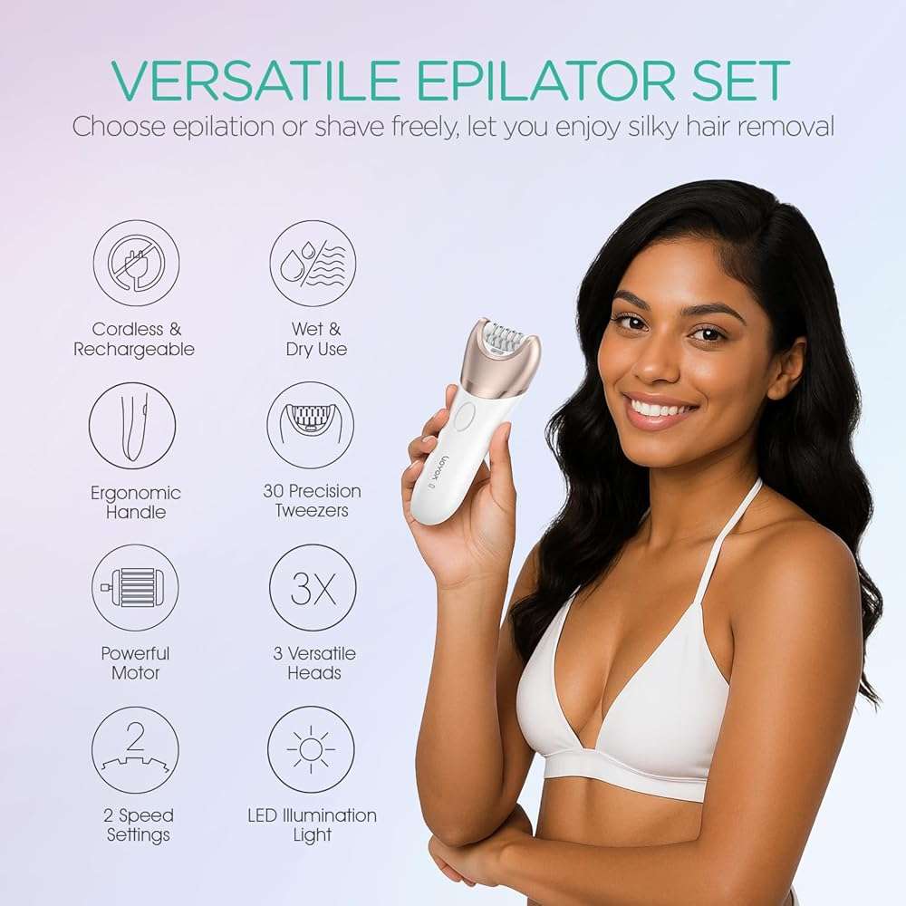 VOYOR Epilator for Women, 3 in 1 Epilator Hair Removal for Women, Epilators Hair Remover for Leg Arm with 30 Tweezers, Rechargeable & Cordless Electric Lady Shaver & Trimmer BM300 (Champagne Gold) - Image 2