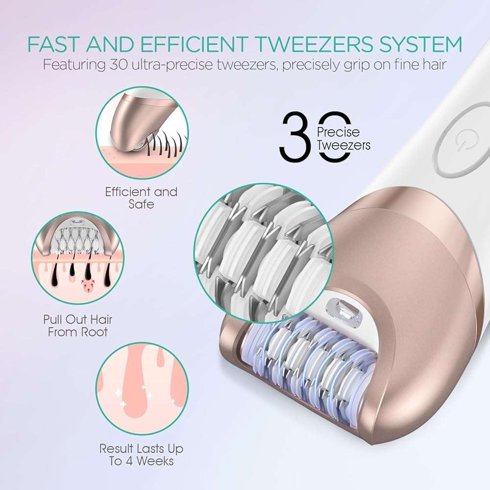 VOYOR Epilator for Women, 3 in 1 Epilator Hair Removal for Women, Epilators Hair Remover for Leg Arm with 30 Tweezers, Rechargeable & Cordless Electric Lady Shaver & Trimmer BM300 (Champagne Gold) - Image 3