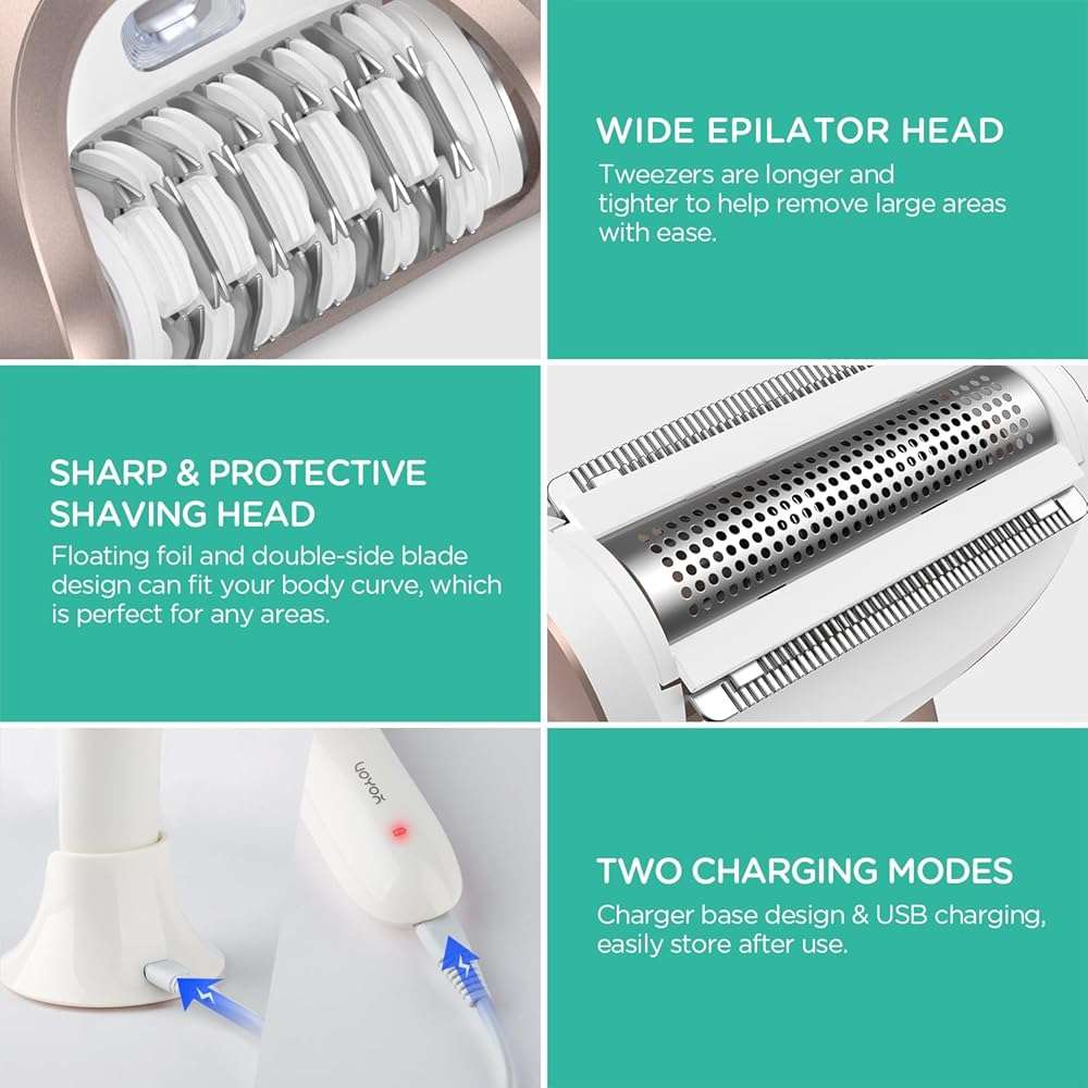 VOYOR Epilator for Women, 3 in 1 Epilator Hair Removal for Women, Epilators Hair Remover for Leg Arm with 30 Tweezers, Rechargeable & Cordless Electric Lady Shaver & Trimmer BM300 (Champagne Gold) - Image 5