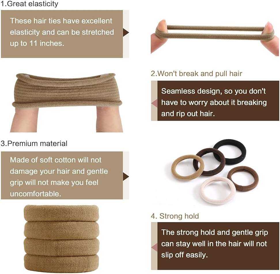 SYGY Hair Tie, 100PCS Hair Ties for Thick Thin Hair, Seamless Cotton Hair Bands, No Damage for Women, Soft Hair Accessories Ponytail Holders, Brown Color - Image 3