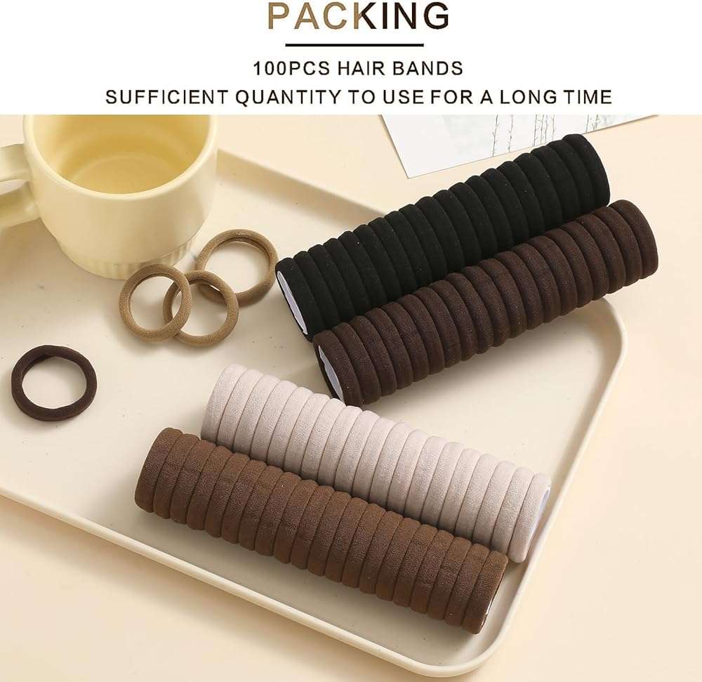 SYGY Hair Tie, 100PCS Hair Ties for Thick Thin Hair, Seamless Cotton Hair Bands, No Damage for Women, Soft Hair Accessories Ponytail Holders, Brown Color - Image 4
