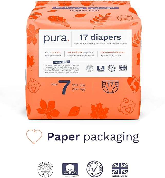Pura Size 7 Eco-Friendly Diapers (33+lbs) Hypoallergenic, TCF, Soft Organic Cotton, Sustainable, up to 12 Hours Leak Protection, Allergy UK, Recyclable Paper Packaging, 6 Packs of 17 (102 Diapers) - Image 4