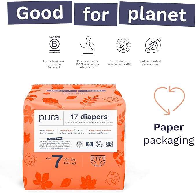 Pura Size 7 Eco-Friendly Diapers (33+lbs) Hypoallergenic, TCF, Soft Organic Cotton, Sustainable, up to 12 Hours Leak Protection, Allergy UK, Recyclable Paper Packaging, 6 Packs of 17 (102 Diapers) - Image 6