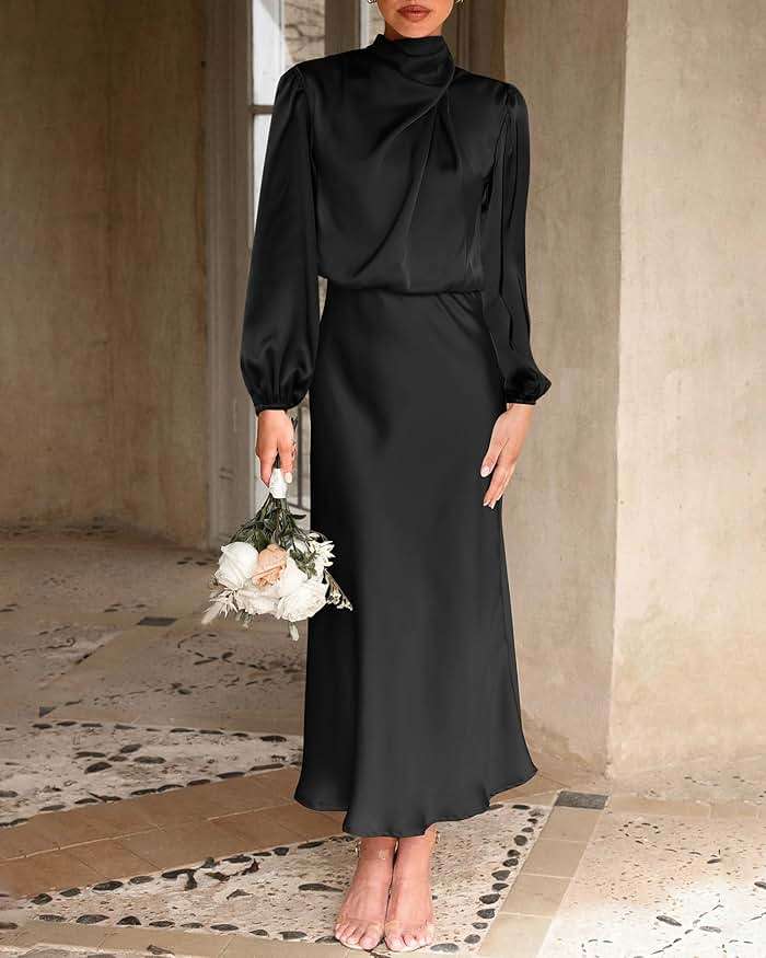 BTFBM Womens Mock Neck Satin Dress Spring Summer 2026 Long Sleeve Lightweight Formal Wedding Party Maxi Cocktail Dresses - Image 2