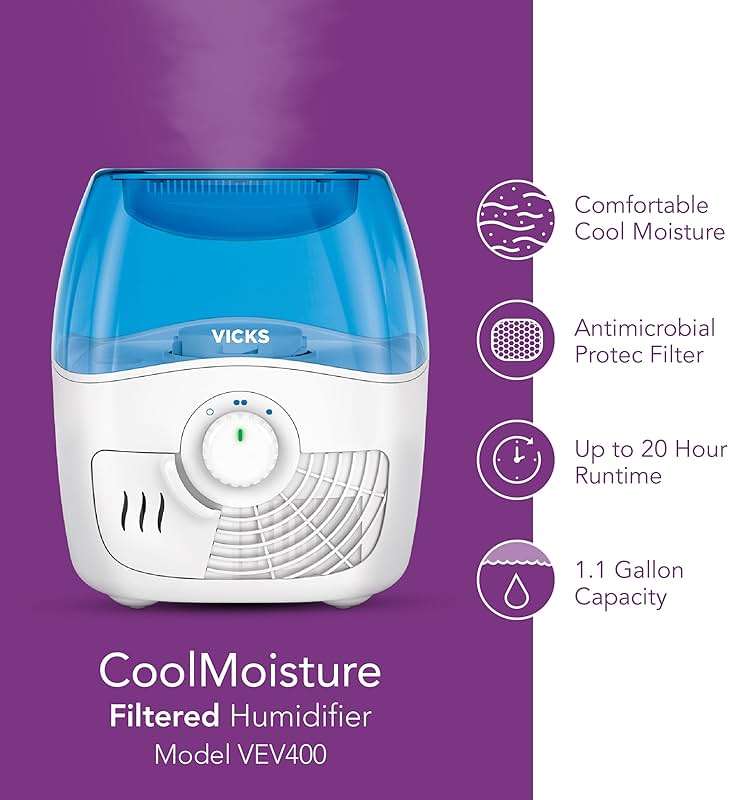 Vicks Filtered Cool Mist Humidifier, Medium Room, 1.1 Gallon Tank - Humidifier for Baby and Kids Rooms, Bedrooms and More, Works with Vicks VapoPads - Image 4