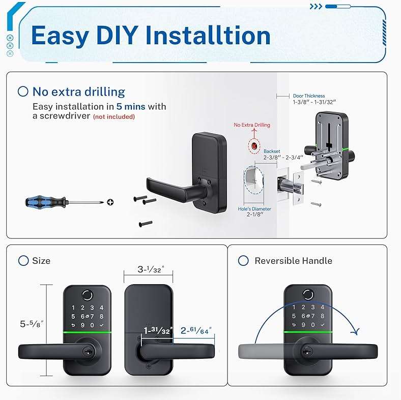 Keypad Smart Door Lock with Handle: Kucacci Keyless Entry Fingerprint Lock - Digital Code Handle with Keypad - Electronic Smart Knob for Front Door - Deadbolt Alternative with App - Easy Installation - Image 6