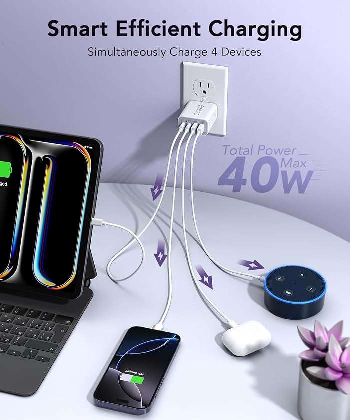 [2-Pack] 40W USB C Charger Block, 4-Port Type C Fast Charging Brick Dual PD&QC Wall Plug Adapter Compatible for iPhone13/14/15/16/17 Pro/Pro Max/iPad, Airpods, iwatch, Samsung Galaxy (White) - Image 2