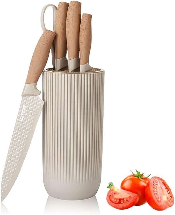 Knife Set, Wiztoynia 6-Piece Khaki Kitchen Knife Set for Home, Anti-Rust Non-stick Stainless Steel Sharp Chef Knife Sets with Universal Knife Block for Kitchen, Ergonomical Design (Khaki) - Image 1