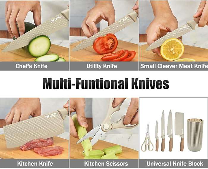 Knife Set, Wiztoynia 6-Piece Khaki Kitchen Knife Set for Home, Anti-Rust Non-stick Stainless Steel Sharp Chef Knife Sets with Universal Knife Block for Kitchen, Ergonomical Design (Khaki) - Image 5