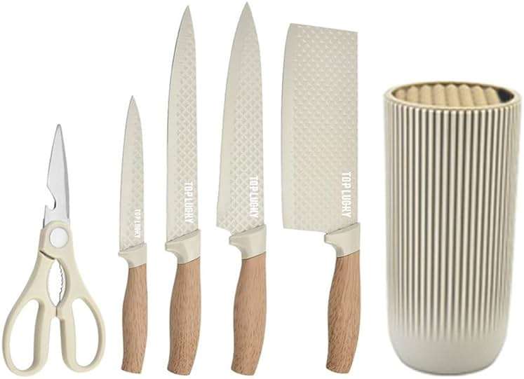 Knife Set, Wiztoynia 6-Piece Khaki Kitchen Knife Set for Home, Anti-Rust Non-stick Stainless Steel Sharp Chef Knife Sets with Universal Knife Block for Kitchen, Ergonomical Design (Khaki) - Image 8