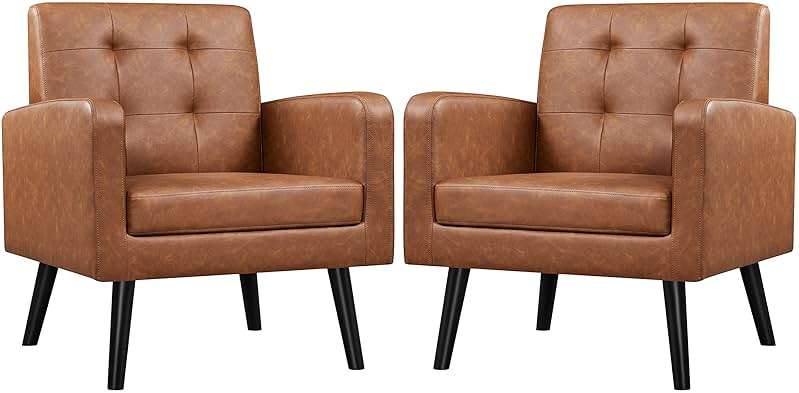 Yaheetech Mid-Century Accent Chairs, PU Leather Modern Upholstered Living Room Chair, Cozy Armchair Button Tufted Back and Wood Legs for Bedroom/Office/Cafe, Retro Brown 2 PCS - Image 1
