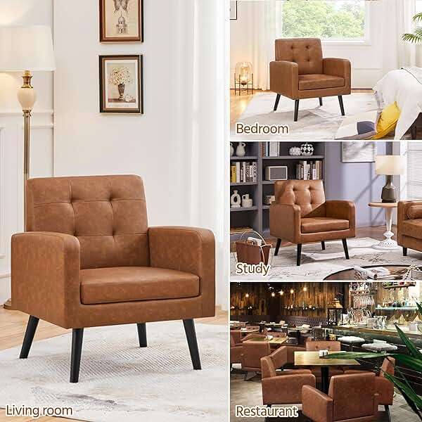 Yaheetech Mid-Century Accent Chairs, PU Leather Modern Upholstered Living Room Chair, Cozy Armchair Button Tufted Back and Wood Legs for Bedroom/Office/Cafe, Retro Brown 2 PCS - Image 5