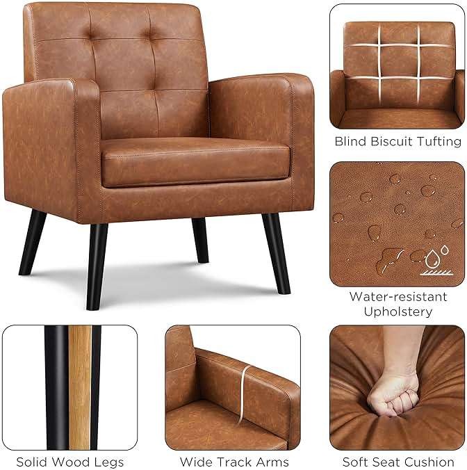 Yaheetech Mid-Century Accent Chairs, PU Leather Modern Upholstered Living Room Chair, Cozy Armchair Button Tufted Back and Wood Legs for Bedroom/Office/Cafe, Retro Brown 2 PCS - Image 6