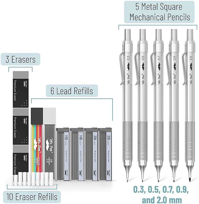Mr. Pen- Professional Metal Mechanical Pencil Set with Lead Refills & Erasers, 5 Pack, 5 Sizes, 0.3, 0.5, 0.7, 0.9 & 2mm, 6x Tubes HB, 2B & Colored Lead Refills for School Supplies, Drawing, Sketching - Image 3