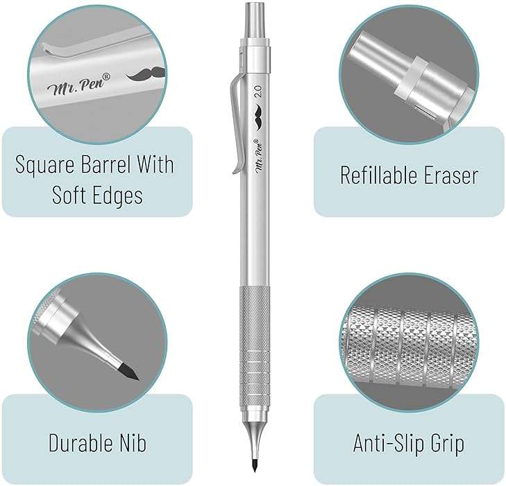 Mr. Pen- Professional Metal Mechanical Pencil Set with Lead Refills & Erasers, 5 Pack, 5 Sizes, 0.3, 0.5, 0.7, 0.9 & 2mm, 6x Tubes HB, 2B & Colored Lead Refills for School Supplies, Drawing, Sketching - Image 5