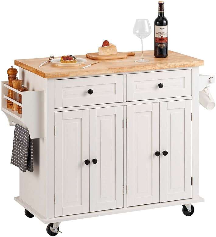 VEVOR Kitchen Island Cart with Solid Wood Top, 35.4" Width Mobile Carts with Storage Cabinet, Rolling Kitchen Table with Spice Rack, Towel Rack, and Drawer, Portable Islands on Wheels, White - Image 1