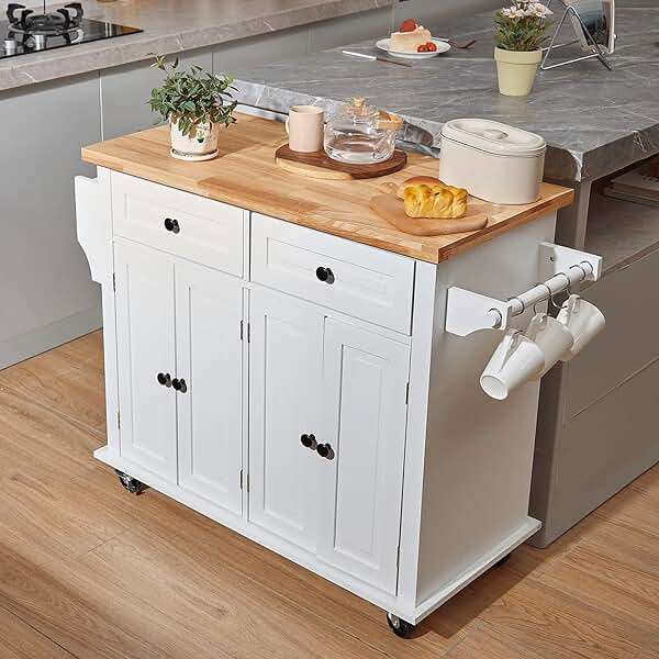 VEVOR Kitchen Island Cart with Solid Wood Top, 35.4" Width Mobile Carts with Storage Cabinet, Rolling Kitchen Table with Spice Rack, Towel Rack, and Drawer, Portable Islands on Wheels, White - Image 2