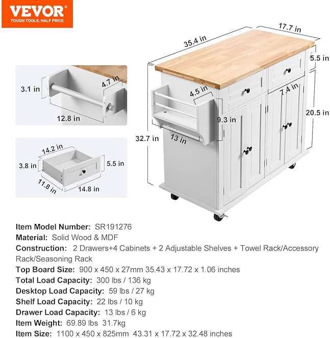 VEVOR Kitchen Island Cart with Solid Wood Top, 35.4" Width Mobile Carts with Storage Cabinet, Rolling Kitchen Table with Spice Rack, Towel Rack, and Drawer, Portable Islands on Wheels, White - Image 3