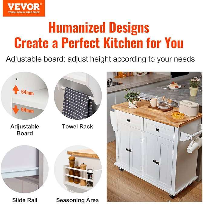 VEVOR Kitchen Island Cart with Solid Wood Top, 35.4" Width Mobile Carts with Storage Cabinet, Rolling Kitchen Table with Spice Rack, Towel Rack, and Drawer, Portable Islands on Wheels, White - Image 4