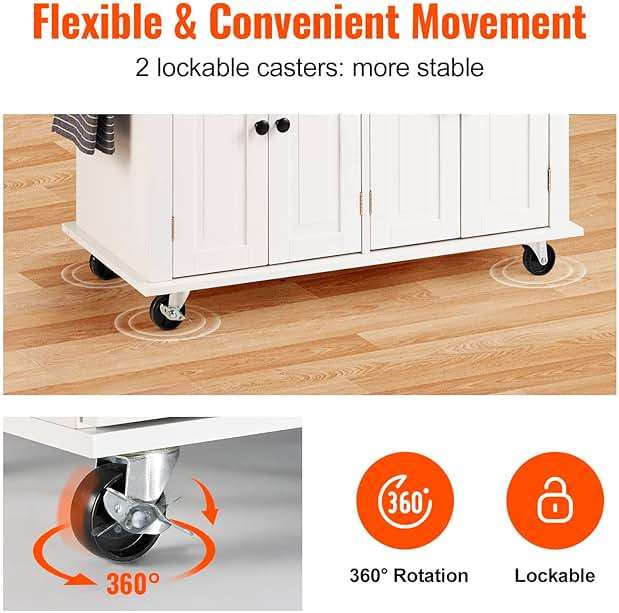 VEVOR Kitchen Island Cart with Solid Wood Top, 35.4" Width Mobile Carts with Storage Cabinet, Rolling Kitchen Table with Spice Rack, Towel Rack, and Drawer, Portable Islands on Wheels, White - Image 5