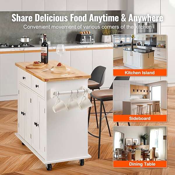 VEVOR Kitchen Island Cart with Solid Wood Top, 35.4" Width Mobile Carts with Storage Cabinet, Rolling Kitchen Table with Spice Rack, Towel Rack, and Drawer, Portable Islands on Wheels, White - Image 7