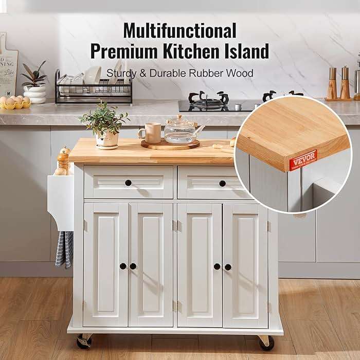 VEVOR Kitchen Island Cart with Solid Wood Top, 35.4" Width Mobile Carts with Storage Cabinet, Rolling Kitchen Table with Spice Rack, Towel Rack, and Drawer, Portable Islands on Wheels, White - Image 8
