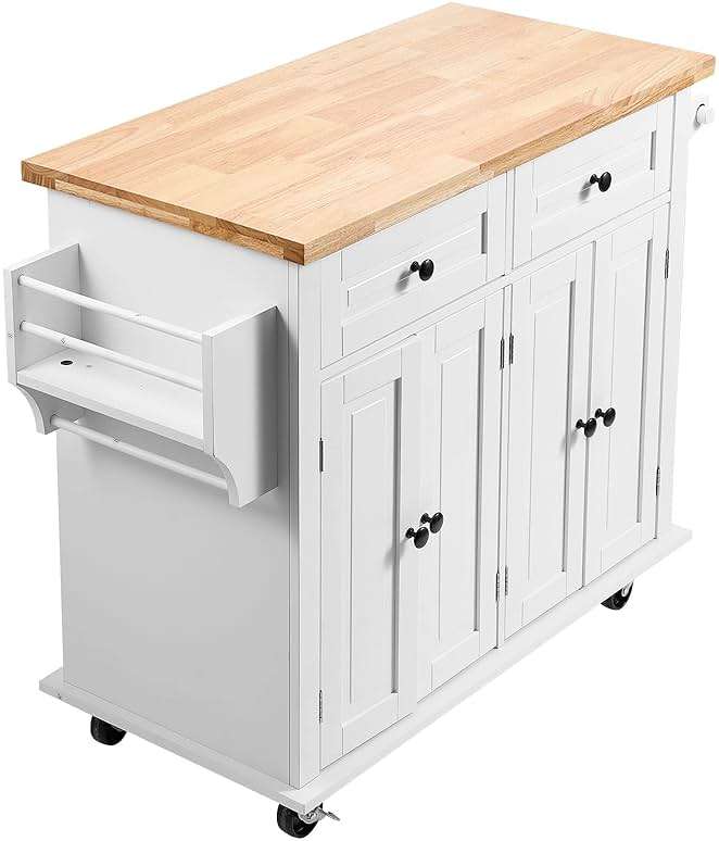 VEVOR Kitchen Island Cart with Solid Wood Top, 35.4" Width Mobile Carts with Storage Cabinet, Rolling Kitchen Table with Spice Rack, Towel Rack, and Drawer, Portable Islands on Wheels, White - Image 9